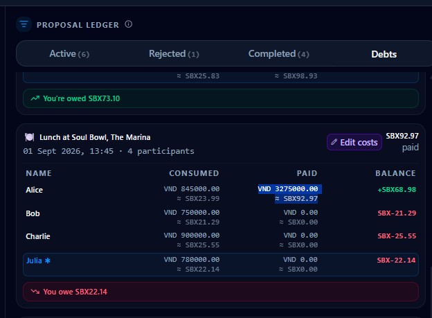 Settle-up view with balances converted to the trip currency
