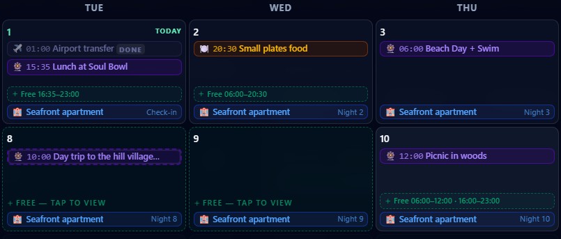 Shared calendar showing the trip taking shape