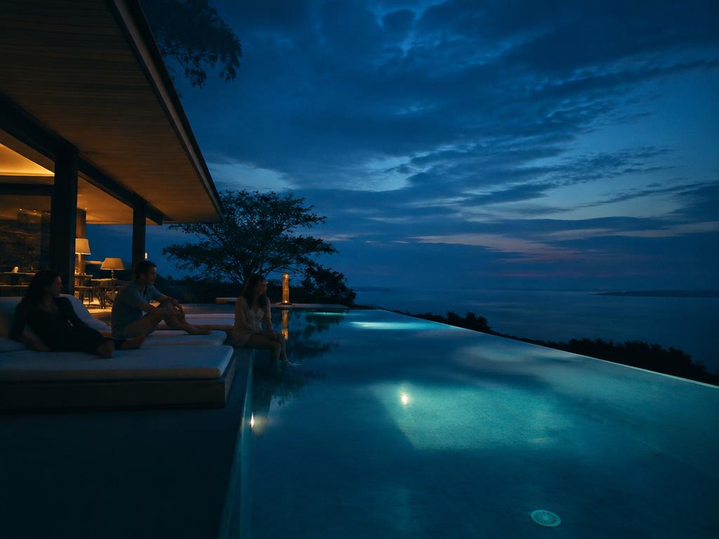 Friends relaxing by a villa pool at blue hour